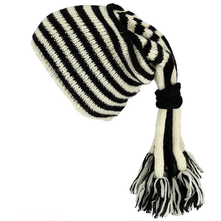 Wool Knit 'Fountain' Tassels Beanie Hat - Cream & Black