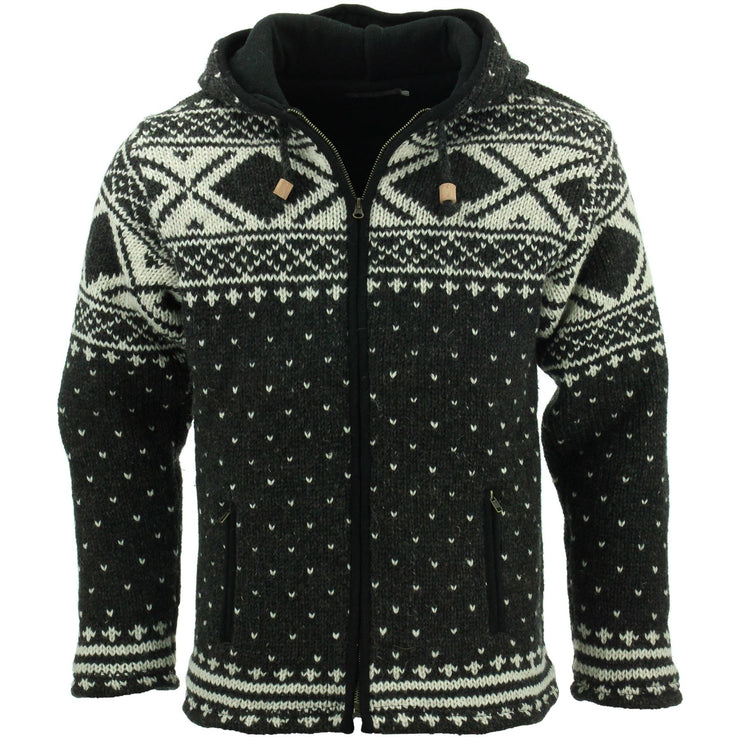 Wool Knit Fairisle Hooded Jacket - Charcoal