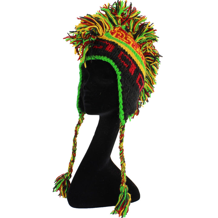 Wool Knit 'Punk' Mohawk Earflap Beanie Hat - Rasta