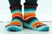 Hand Knitted Wool Slipper Socks - Stripe Retro D