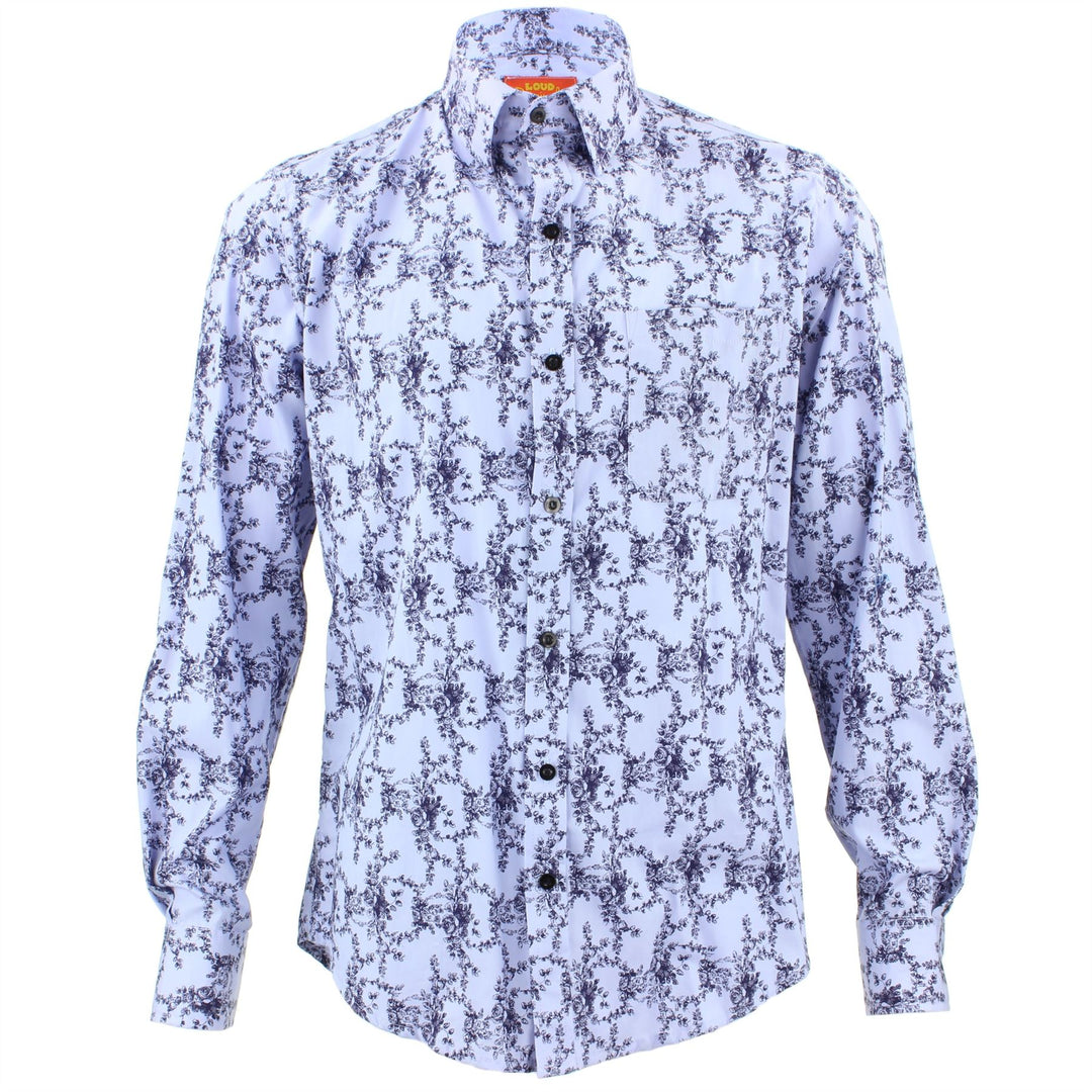 Tailored Fit Long Sleeve Shirt - Rose Print on Pale Blue