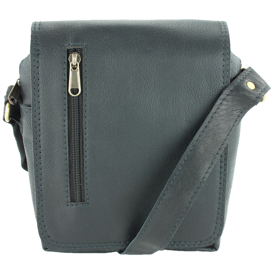 Real Leather Shoulder Bag with Front Zip - Black