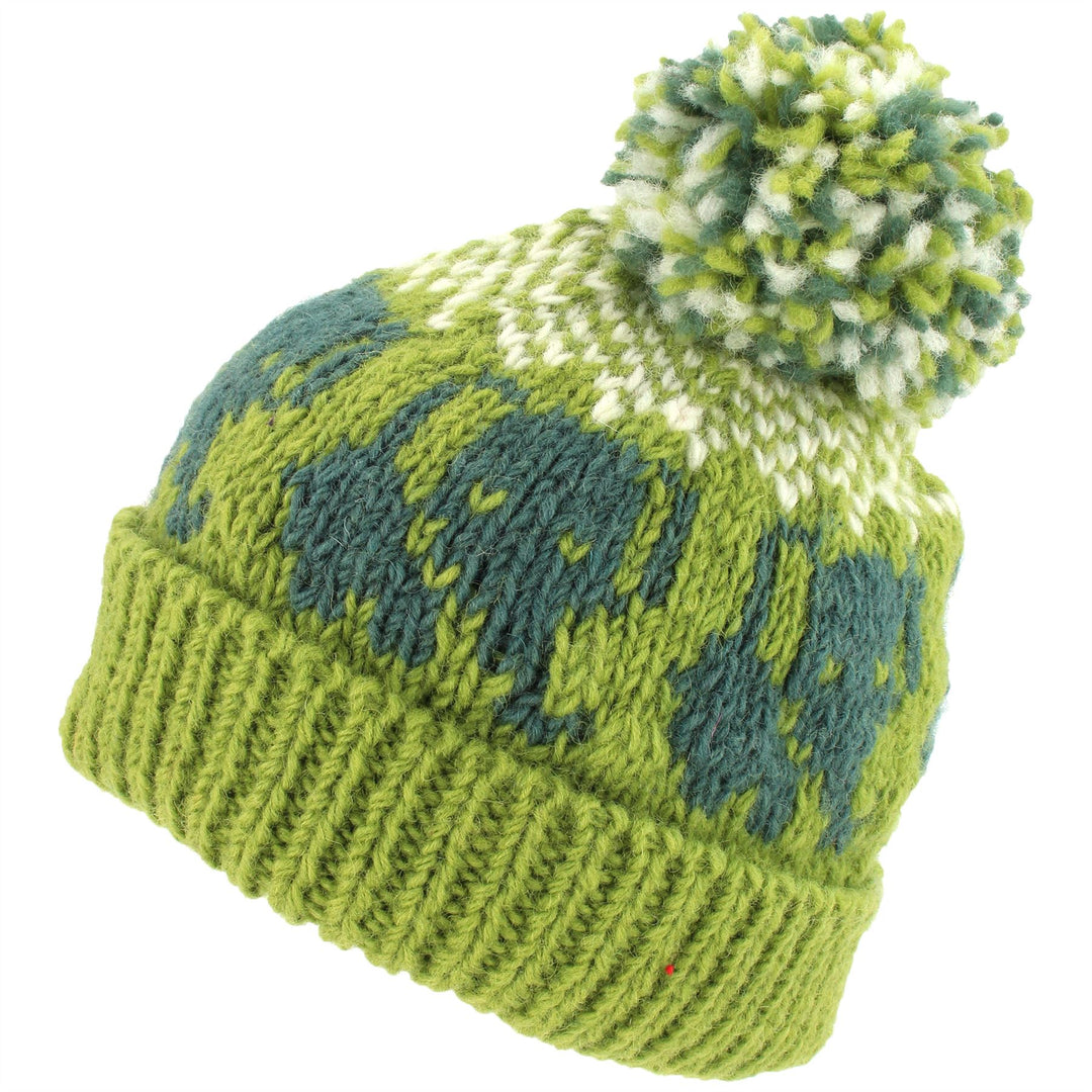 Wool Knit Bobble Beanie Hat - Elephant - Green White