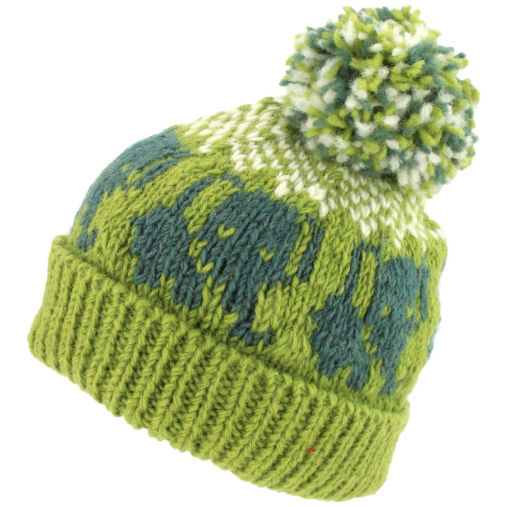 Wool Knit Bobble Beanie Hat - Elephant - Green White