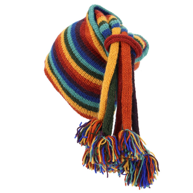 Hand Knitted Beanie Fountain Tassel Hat - Stripe Dark Rainbow