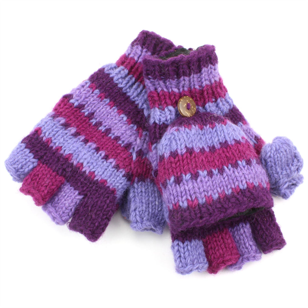 Chunky Wool Knit Fingerless Shooter Gloves - Stripe - Purple