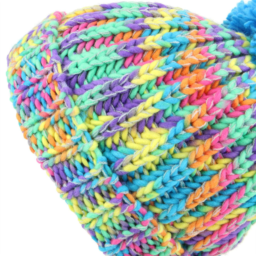 Children's Chunky Rainbow Knit Bobble Beanie Hat - Blue Bobble