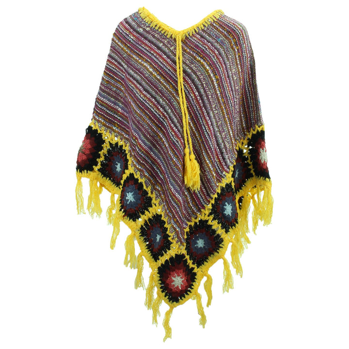 Granny Squares Crochet Poncho Long - Purple Multi/Yellow