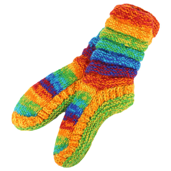 Hand Knitted Wool Slipper Socks Lined - SD Shredded Rainbow