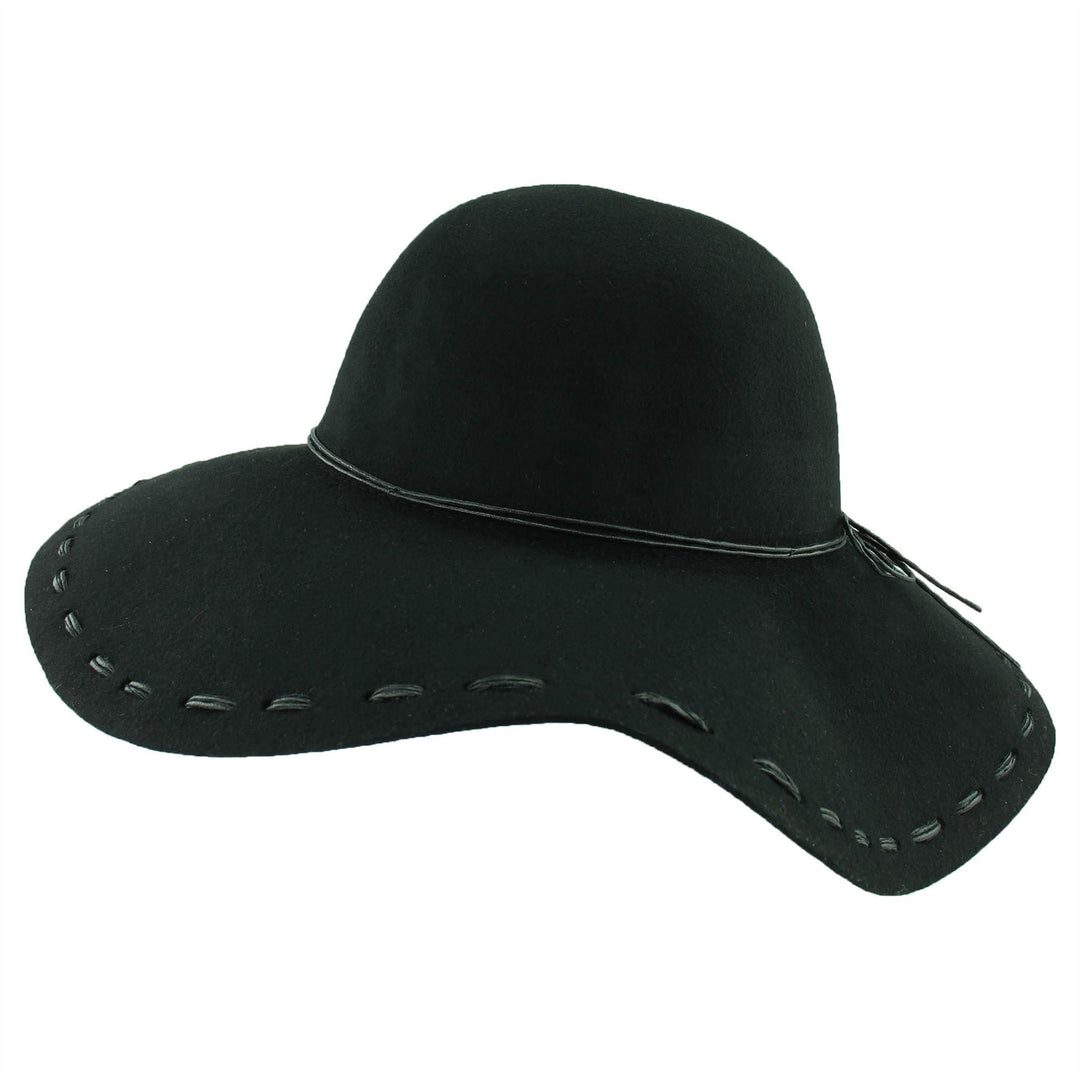 100% Wool felt wide brim floppy hat with cord band - Black (57cm)