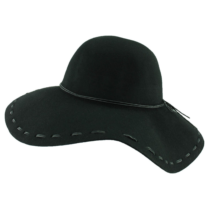 100% Wool felt wide brim floppy hat with cord band - Black (57cm)