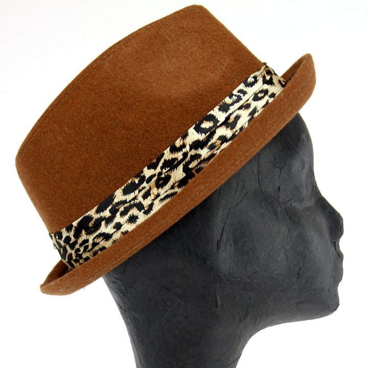 Women's felt rolled brim trilby hat with satin leopard print band - Brown (57cm)