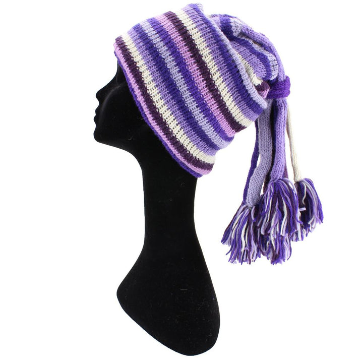 Wool Knit 'Fountain' Tassels Beanie Hat - Purples