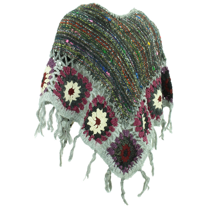 Granny Squares Crochet Poncho Short - Dark Grey/Grey