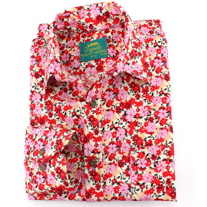 Tailored Fit Long Sleeve Shirt - Red & Pink Abstract Floral