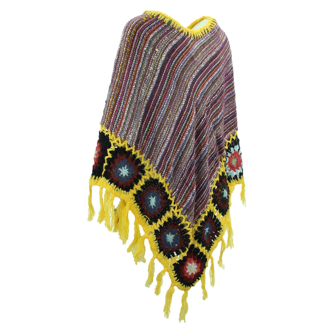 Granny Squares Crochet Poncho Long - Purple Multi/Yellow