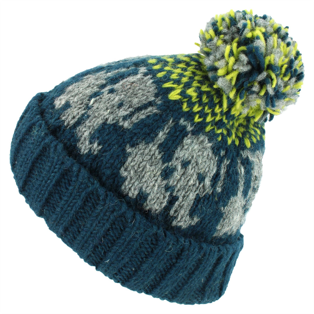 Wool Knit Bobble Beanie Hat - Elephant - Teal Yellow