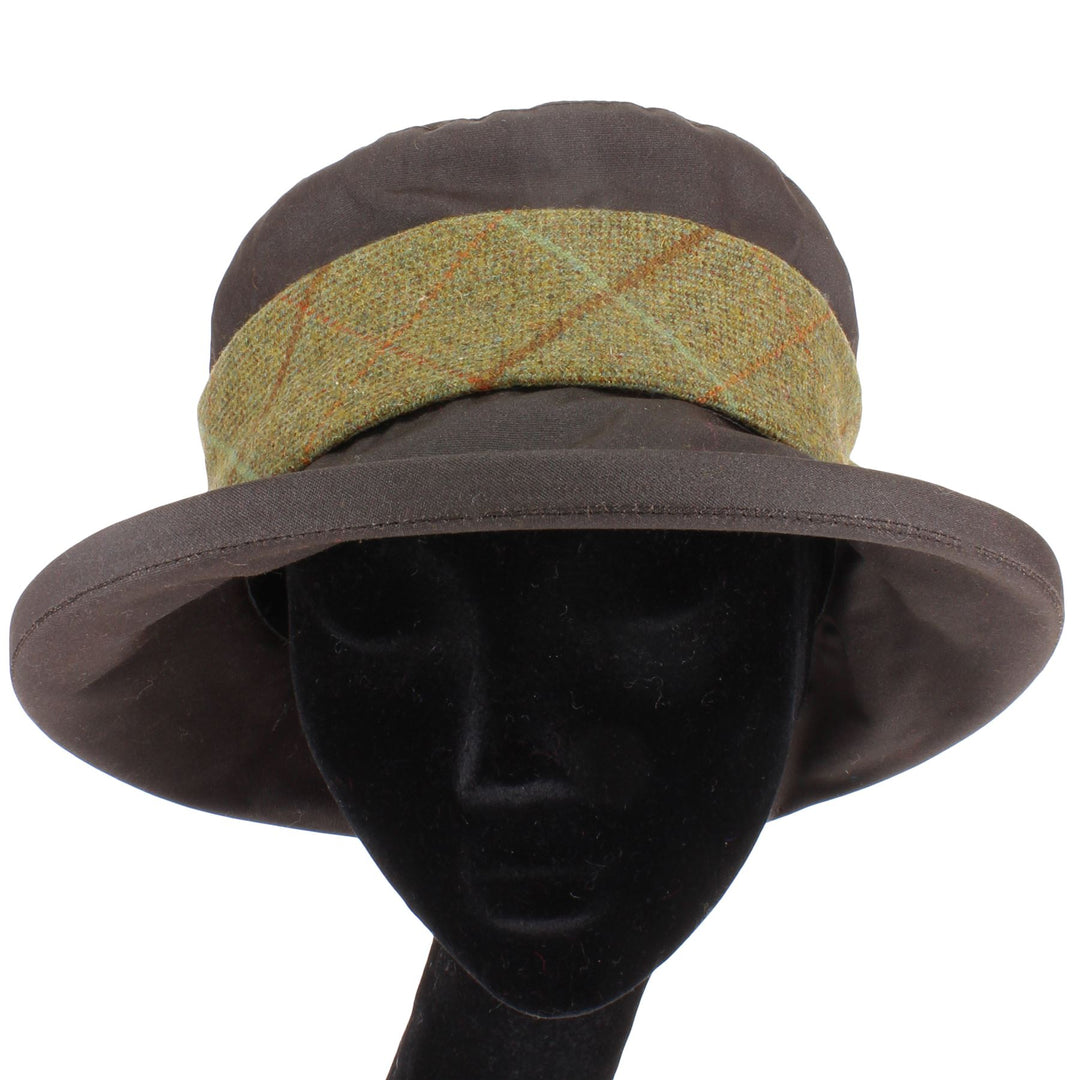 Ladies Wax Hat with Tweed Band and Flower - Brown