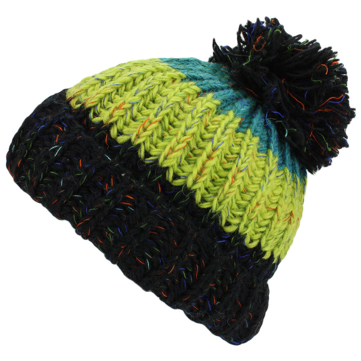 Chunky Wool Knit Baggy Slouch Striped Beanie Bobble Hat - Black