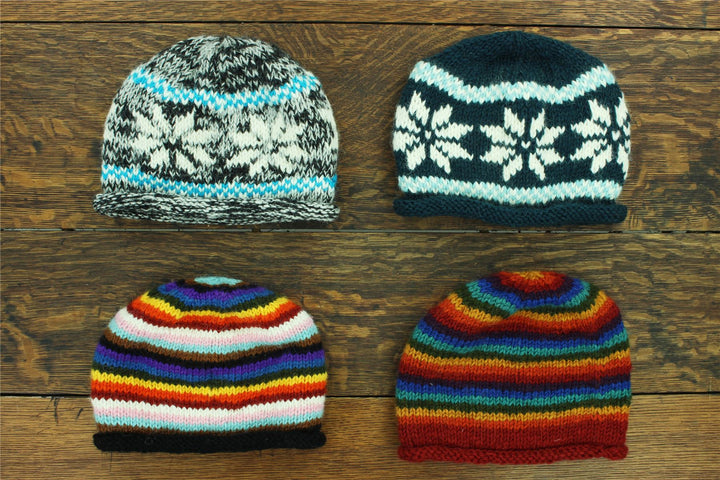 Hand Knitted Wool Beanie Hat - Snowflake Grey Turquoise