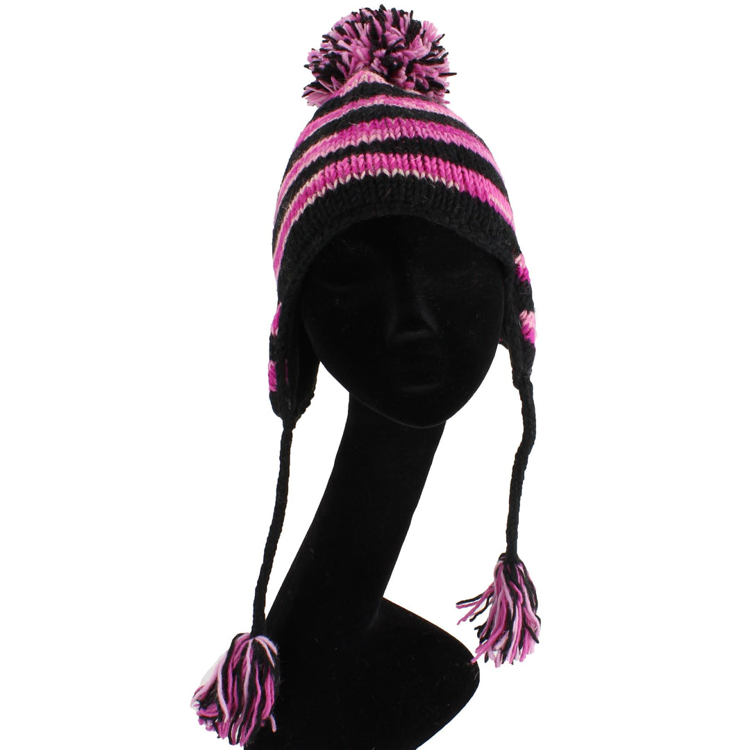 Wool Knit Earflap Bobble Hat - Stripe Black Pink SD