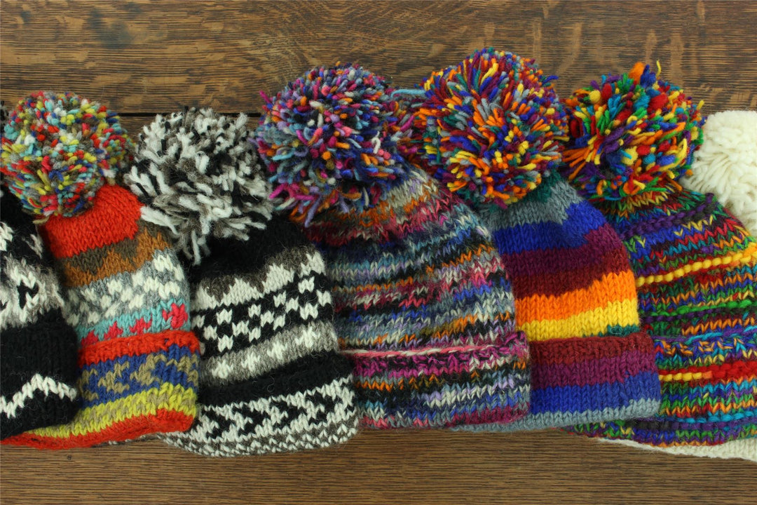 Hand Knitted Wool Beanie Bobble Hat - Sheep - Grey