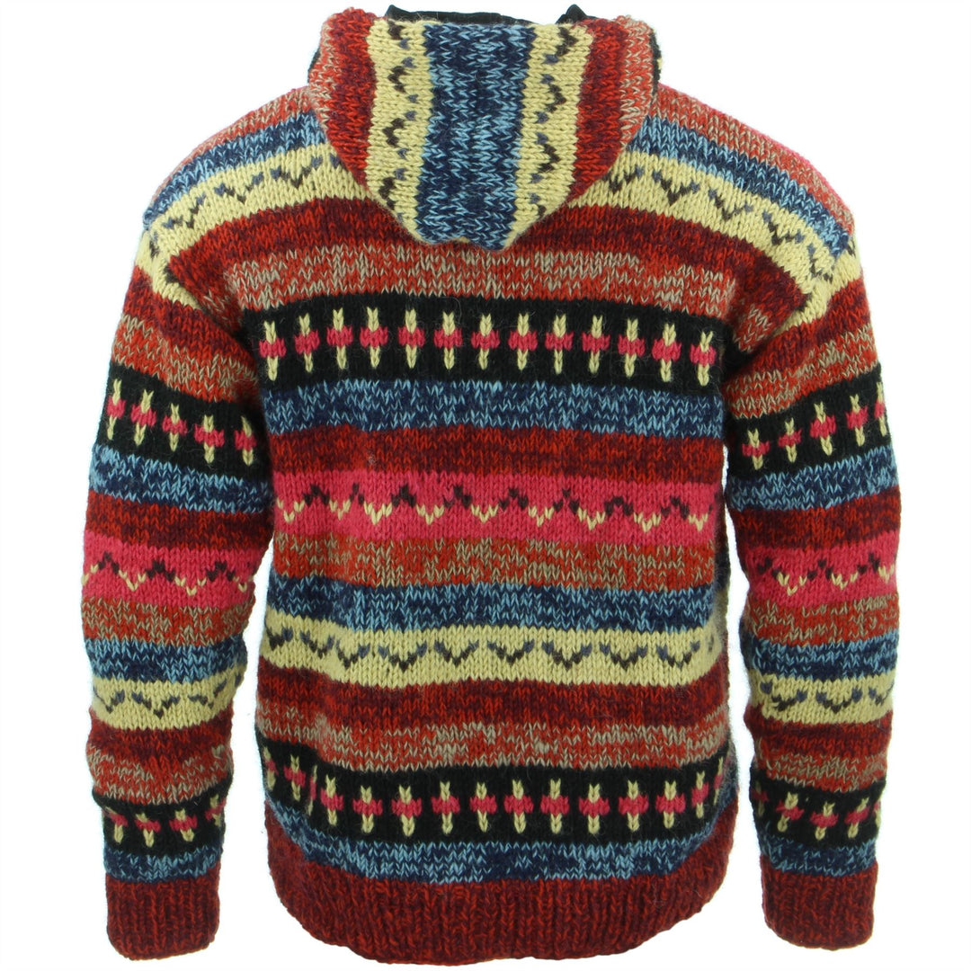 Chunky Wool Knit Abstract Pattern Hooded Cardigan Jacket - 17 Red