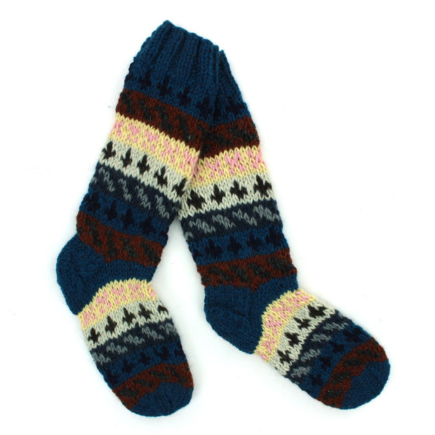 Hand Knitted Wool Long Socks - Stripe Navy Pink Pattern