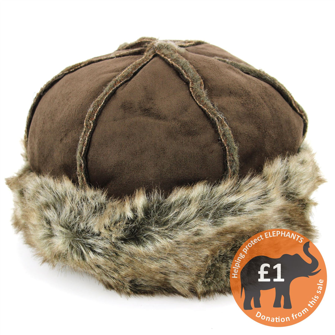Suede Effect Hat and Faux Fur Cuff and Lining - Brown