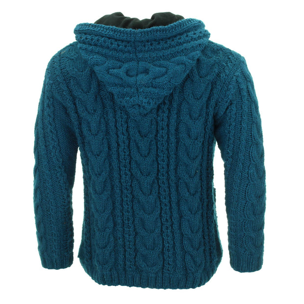 Handmade Wool Cable Knit Hooded Jacket - Teal