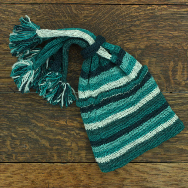 Hand Knitted Beanie Fountain Tassel Hat - Stripe Teal