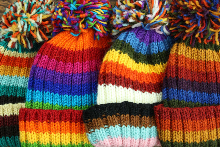 Hand Knitted Wool Beanie Bobble Hat - Stripe Dark Rainbow