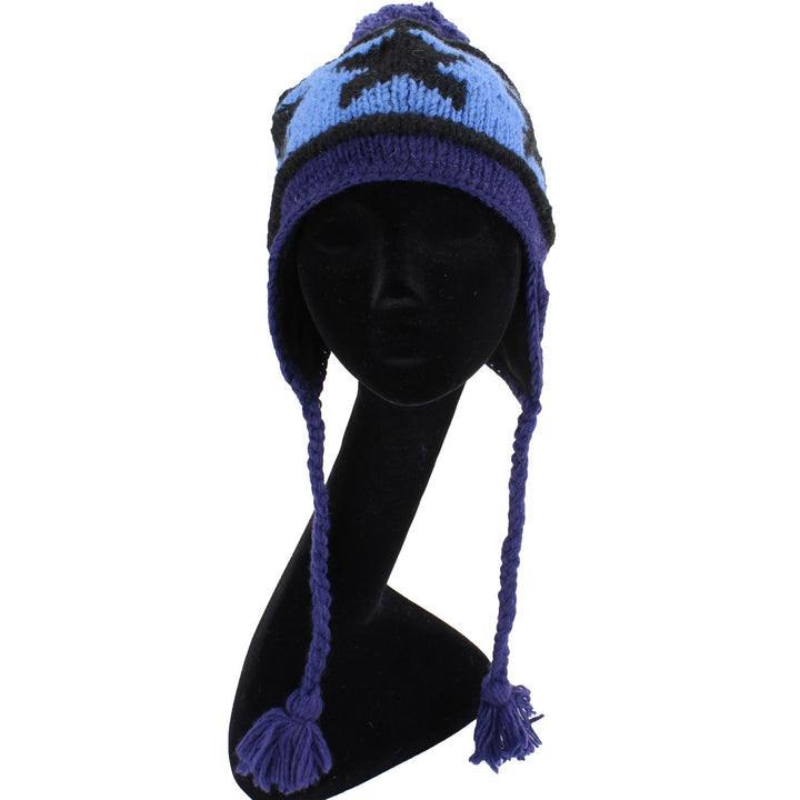 Wool Knit Earflap Bobble Hat - Star Blue