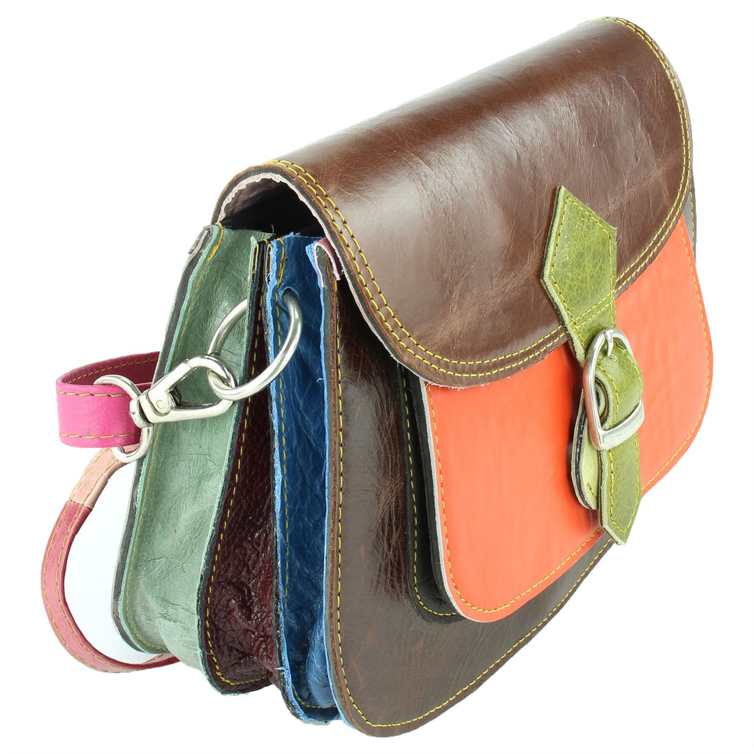Real Leather Colourful Messenger Shoulder Bag - Orange Mix