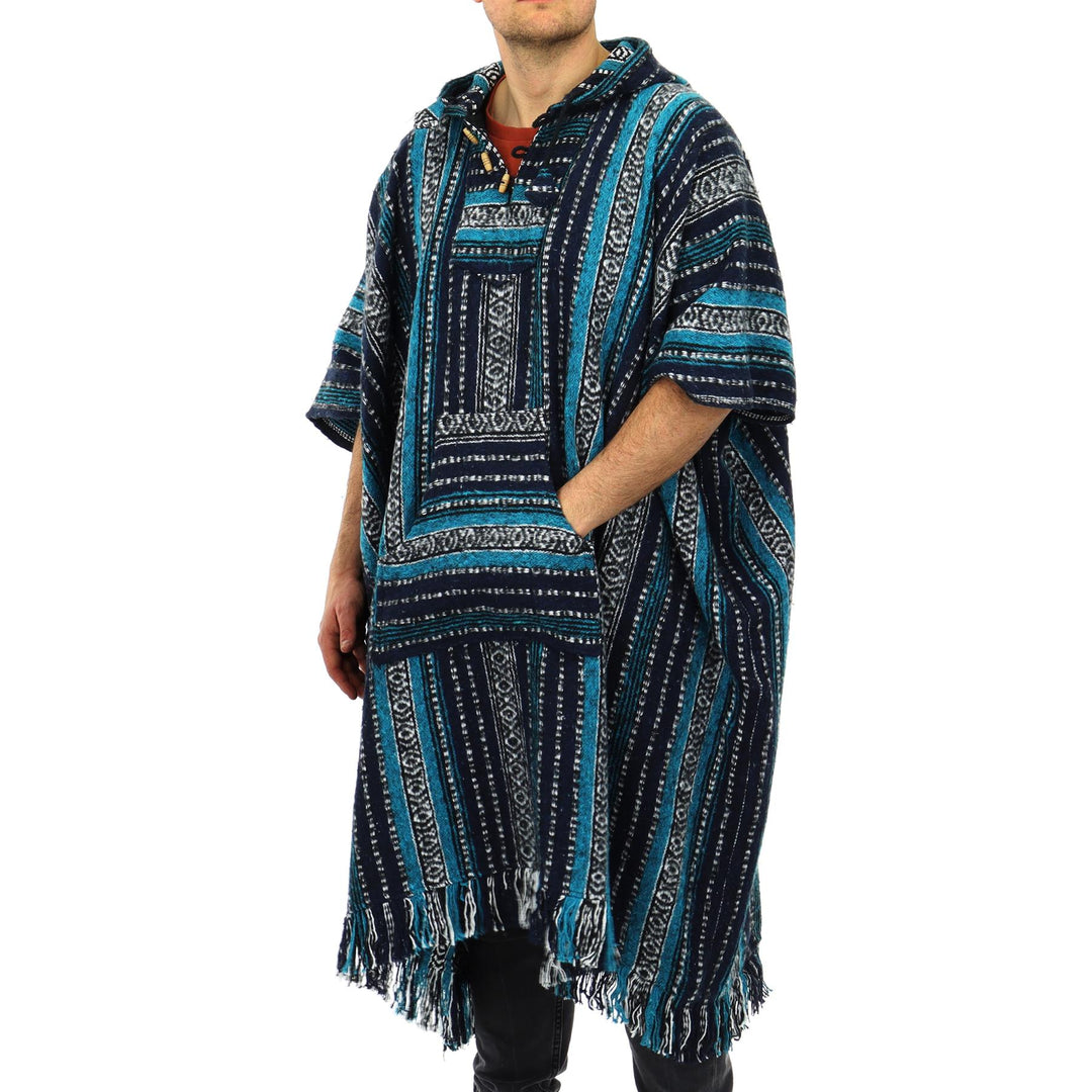 Brushed Cotton Long Hooded Poncho - Blue