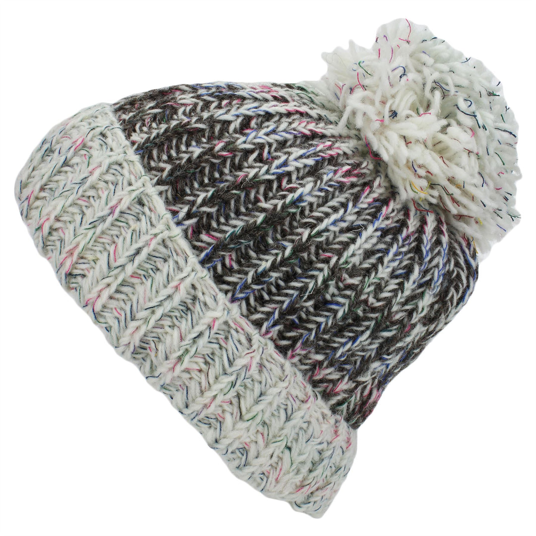 Chunky Wool Knit Baggy Slouch Beanie Hat with Contrast Turn-up and Bobble - Off White