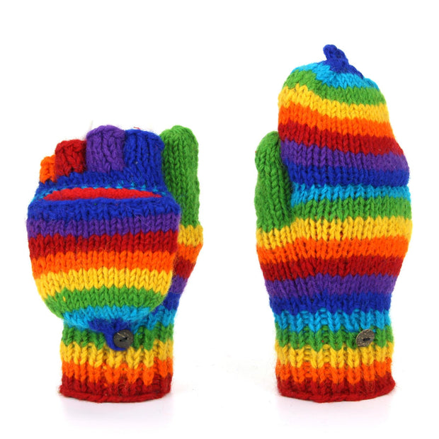 Hand Knitted Wool Shooter Gloves - Stripe Bright Rainbow