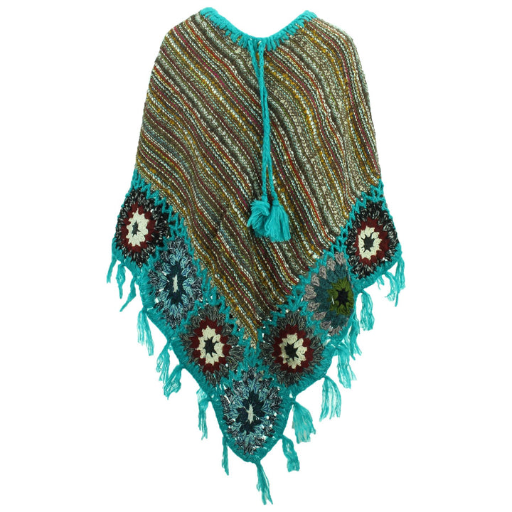 Granny Squares Crochet Poncho Long - Brown Multi/Turquoise