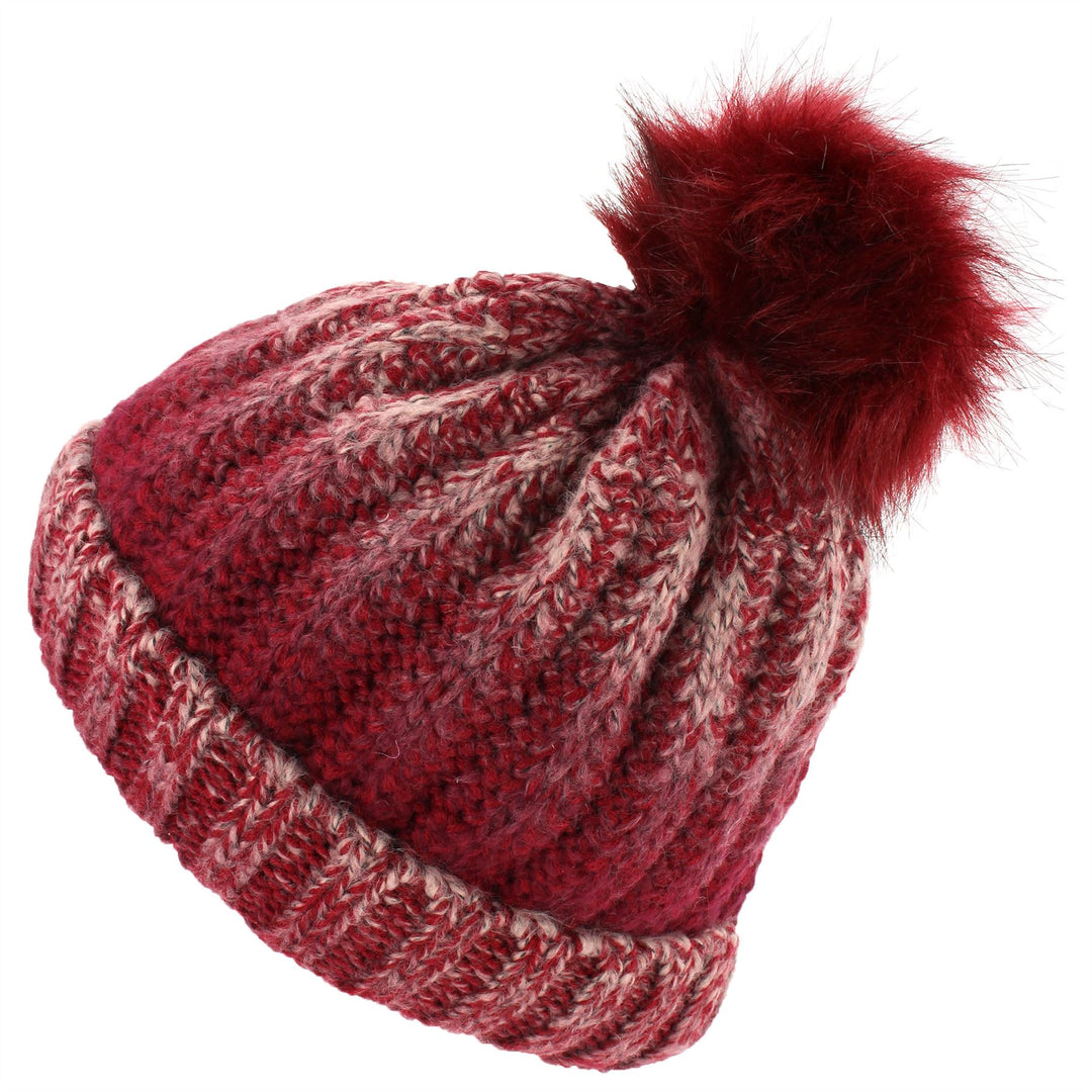 Colour Fade Bobble Beanie Hat with Faux Fur Pom - Red