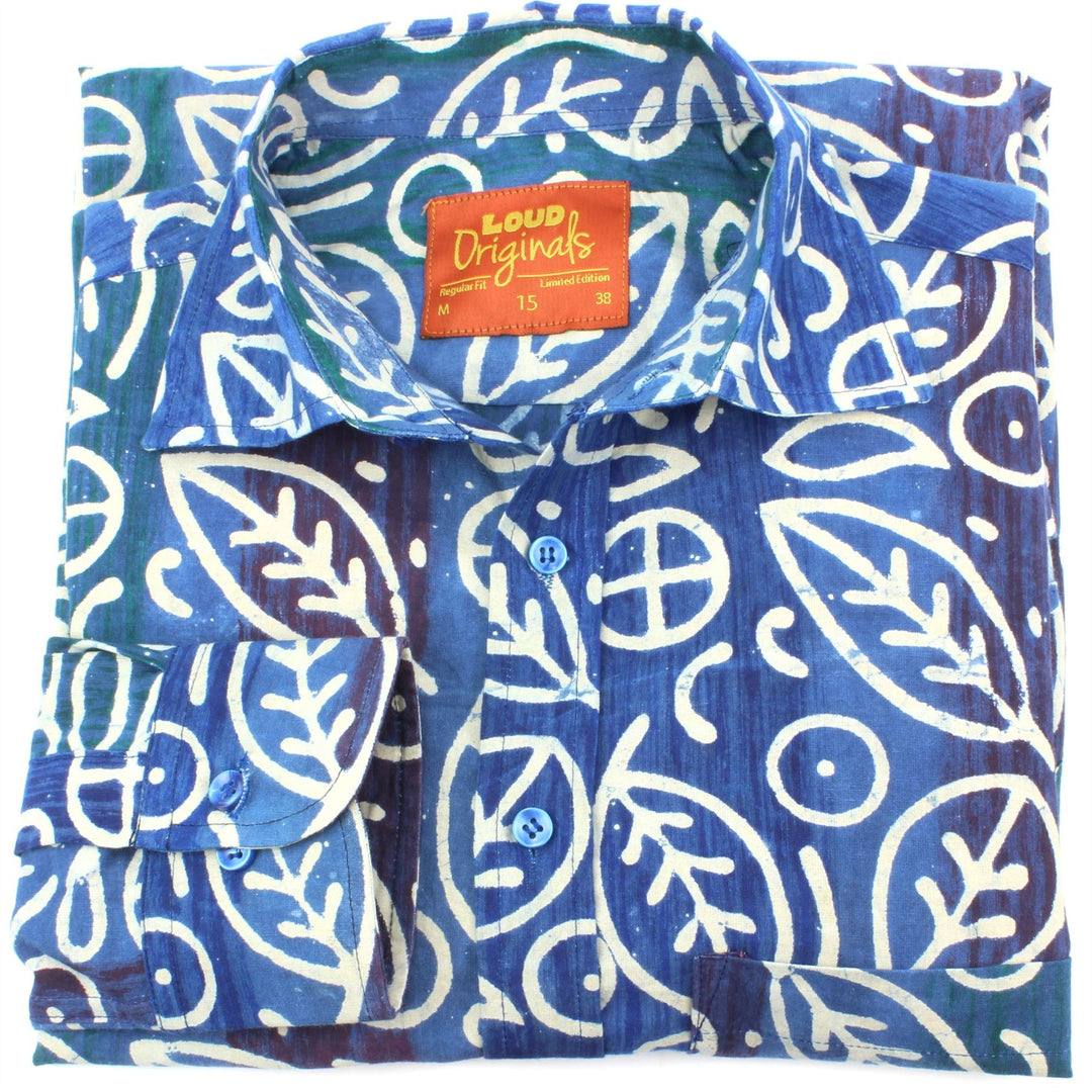 Regular Fit Long Sleeve Shirt - Blue Rainbow Wash with White Abstract Leaves