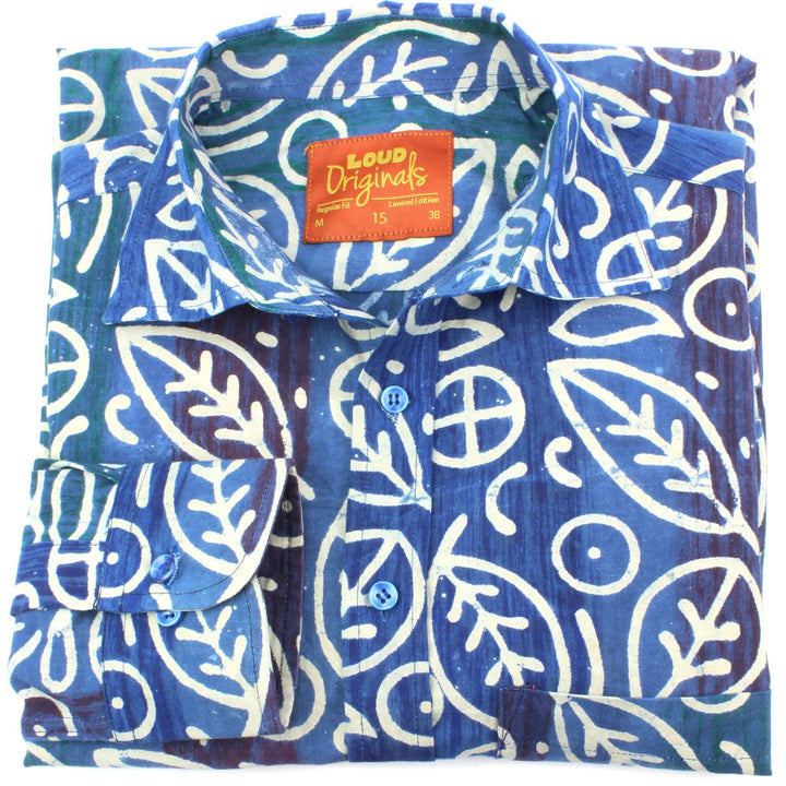 Regular Fit Long Sleeve Shirt - Blue Rainbow Wash with White Abstract Leaves