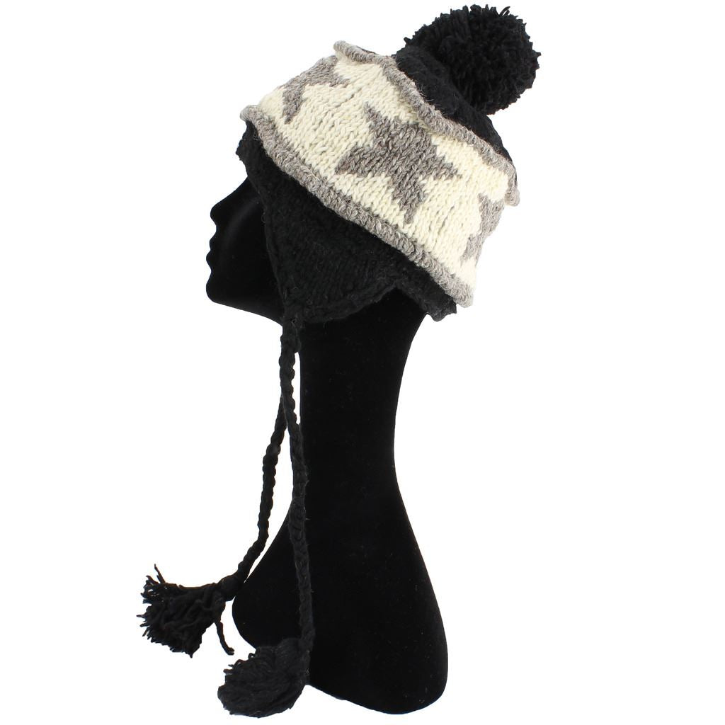 Wool Knit Earflap Bobble Hat - Star Black