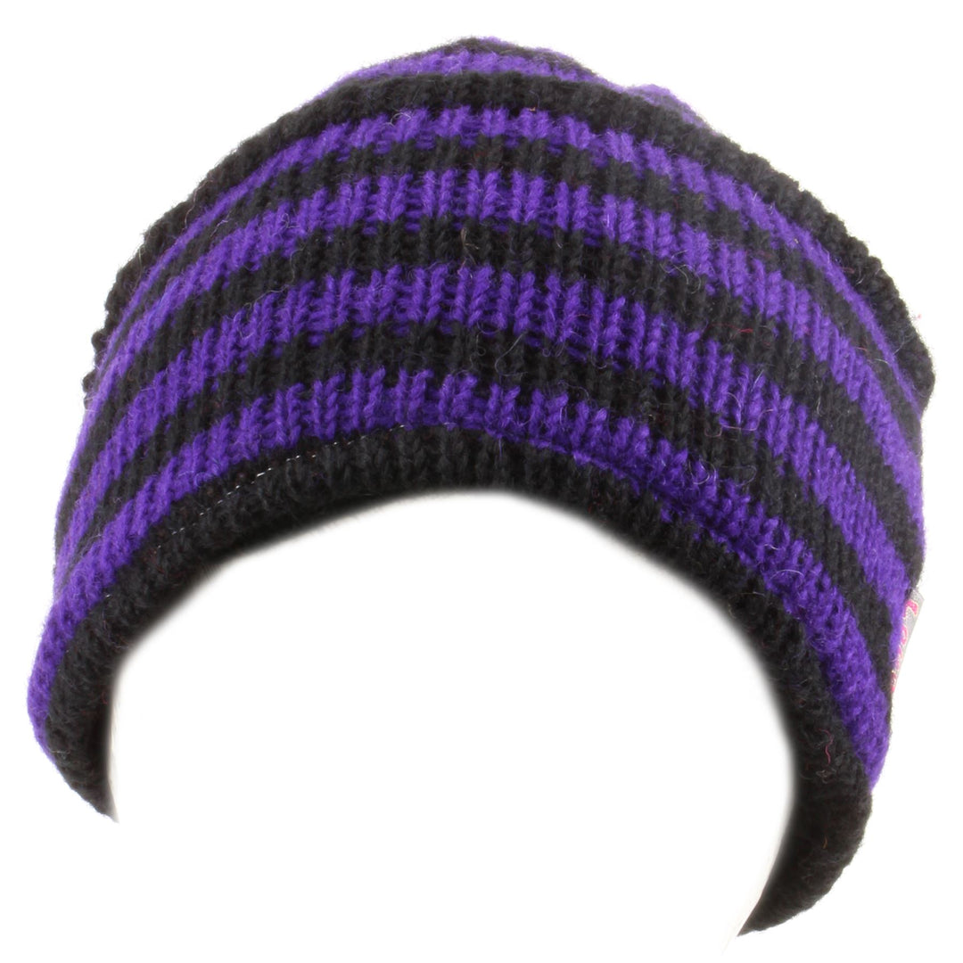 Wool Knit Ridge Beanie Hat with Fleece Lining - Purple & Black