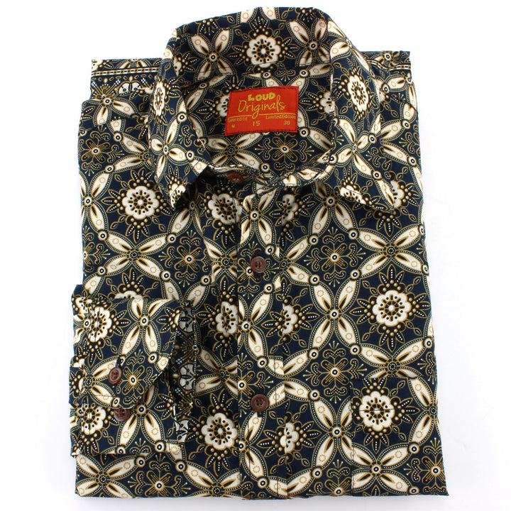Tailored Fit Long Sleeve Shirt - Black White & Gold Abstract