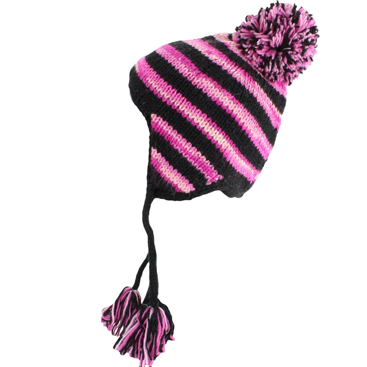 Wool Knit Earflap Bobble Hat - Stripe Black Pink SD