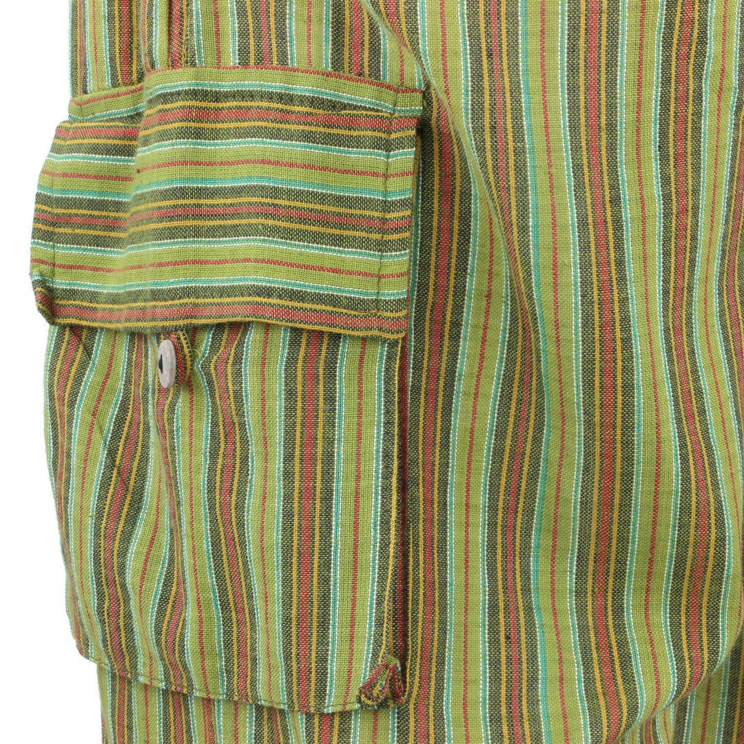Classic Nepalese Lightweight Cotton Striped Cargo Trousers Pants - Green