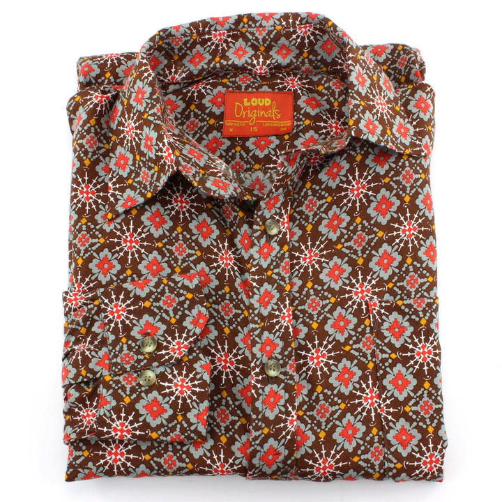 Tailored Fit Long Sleeve Shirt - Red & Grey Abstract on Brown