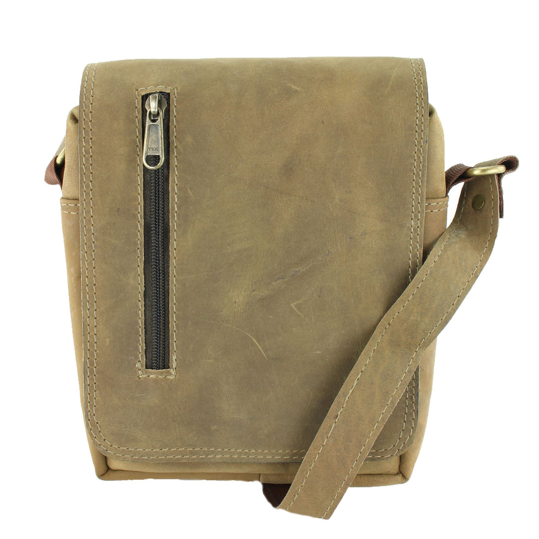 Real Leather Shoulder Bag with Front Zip - Brown