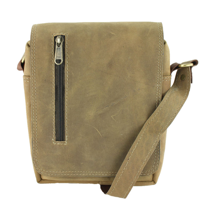 Real Leather Shoulder Bag with Front Zip - Brown