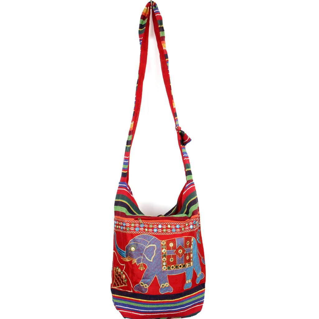 Embroidered Elephant Canvas Sling Shoulder Bag - Red